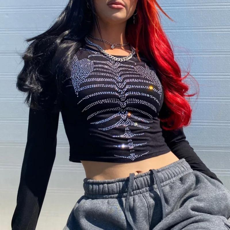 European and American Y2K round neck slim fit spring and summer hot stamping personalized dark style exposed navel T-shirt