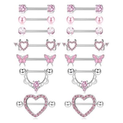 7Pairs Body Piercing Jewelry with Pink Silver Cubic Zirconia Elegant Nipple Rings Adornment for Special Occasions