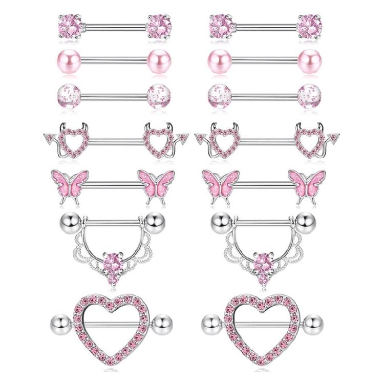 Dazzling Nipple Piercings in Silver Pink Tone with Heart and Moon Designs Creative Nipple Rings Accessory for Parties