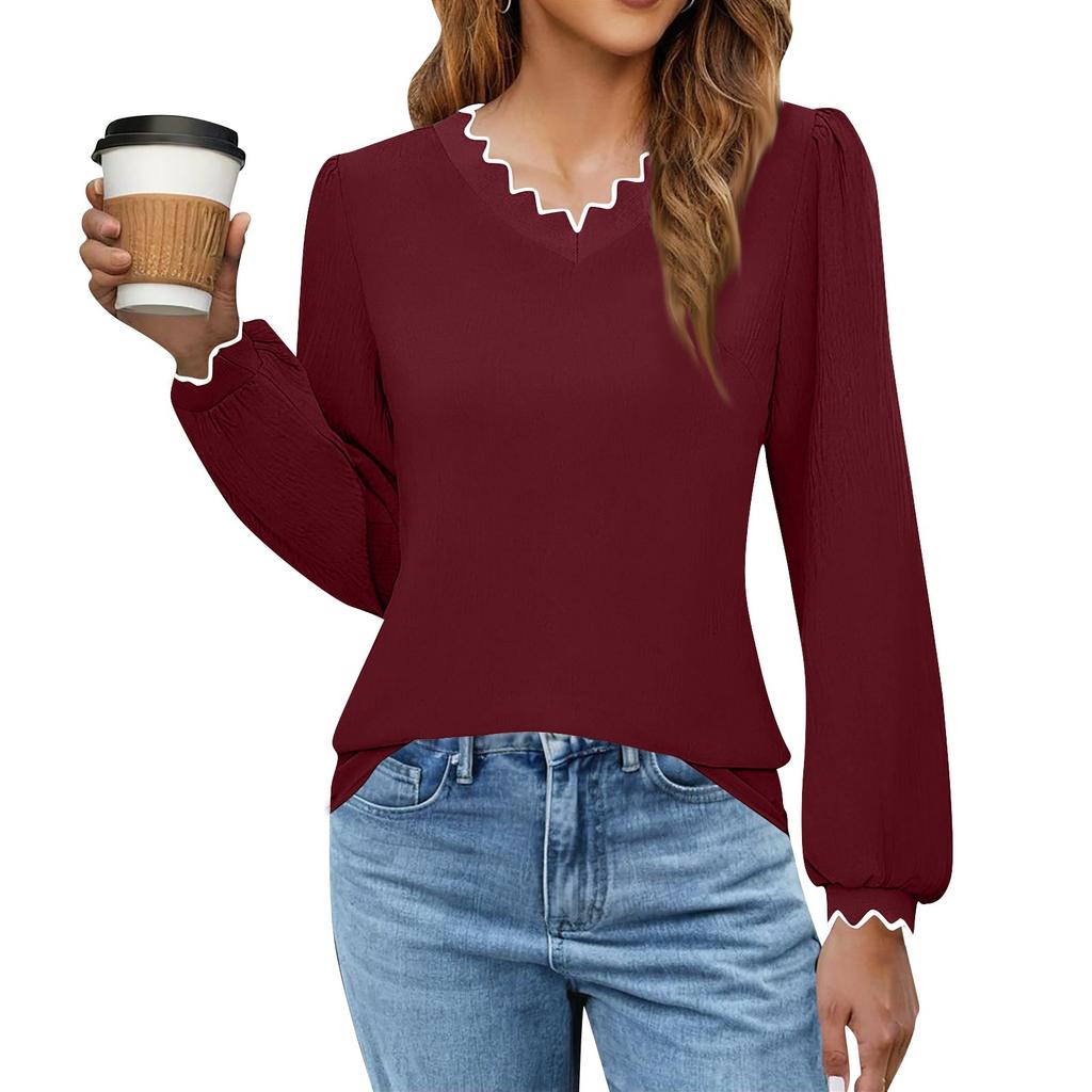 Women's Fashion Casual V-neck Solid Color Loose Long Sleeve T-shirt Top