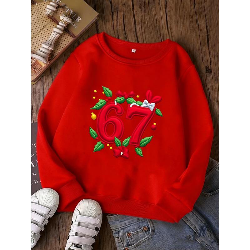 Christmas Birthday Gift For Kids Aged 4-12 3D Red Number 67 Holly Leaf Bow Floral Graphic Sweatshirt Unisex Boys Girls Winter Xmas Crewneck Pullover
