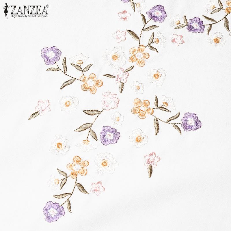 ZANZEA Women Casual Round Neck Long Sleeve Loose Floral Embroidery Dress