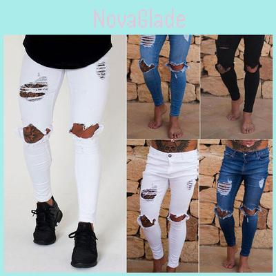 Premium Quality Slim Destroyed Stretchy Ripped Skinny Biker Jeans For Men Taped Fit Denim Pants