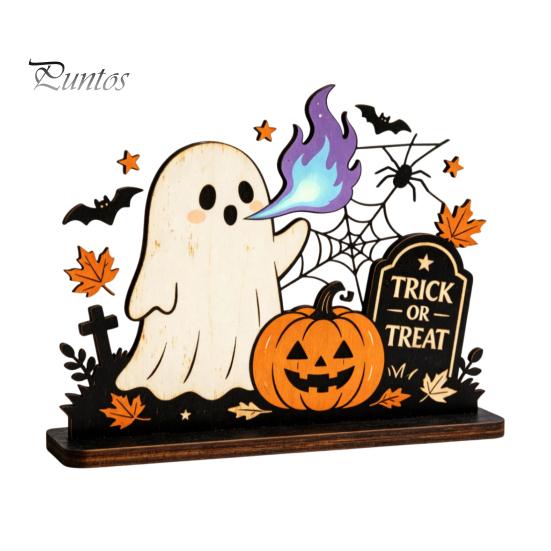 Cute Halloween Party Table Centerpieces Ghost Ornaments with Pumpkin Tombstone and Bat Elements, Wooden Flame Breathing Desktop Tabletop Decorations