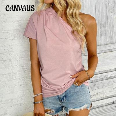 Women's Summer Simple Style Top with Personality Pink Single Shoulder T-shirt Top