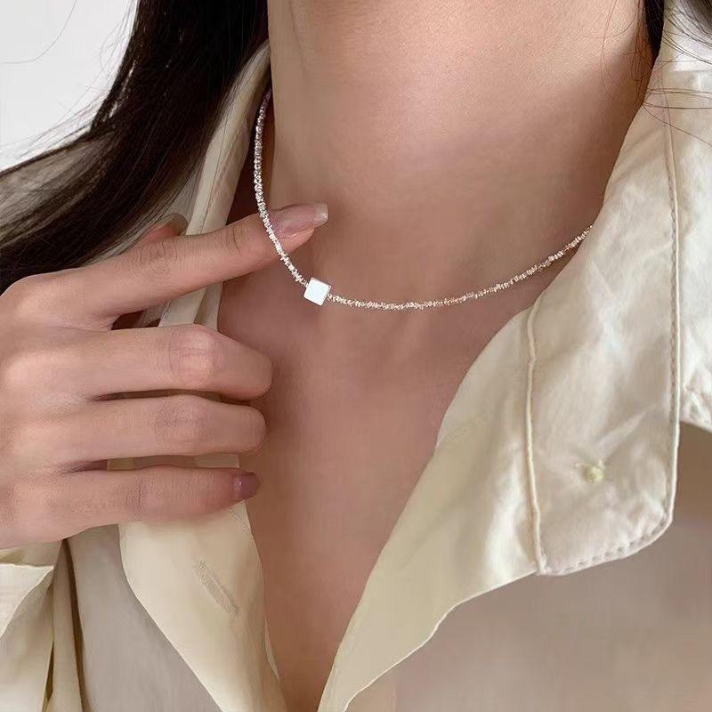 S999 Sterling Silver Elegant Square Necklace for Women, Versatile & Fashionable, Light Luxury, Simple Ins Cold Aesthetic, Personalized Design