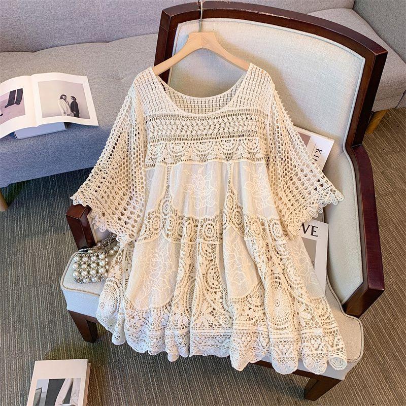 

K-style Plus Size Women s Clothing Spring/Summer New Loose Patchwork round Neck Cut Out Knitted Long-Sleeved Dress Casual Trendy Short Skirt 9830 short sleeve 3XL(Large size)