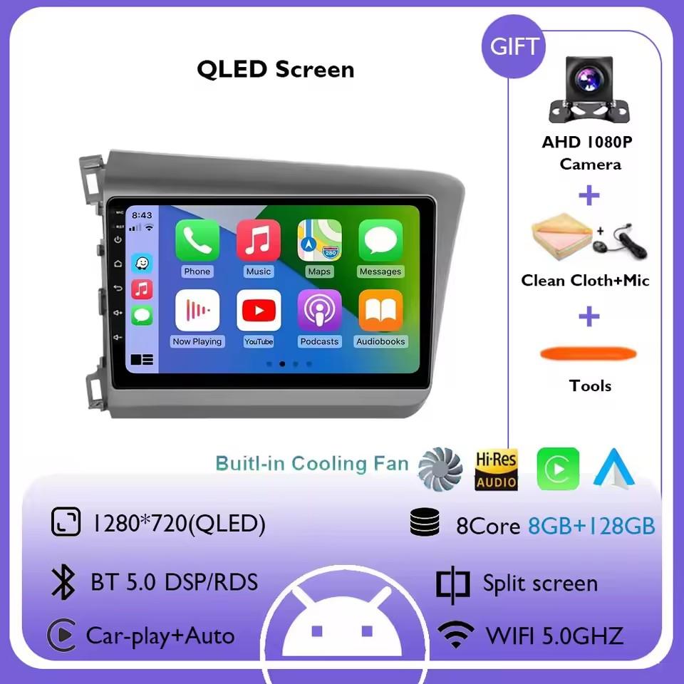 9" Android 14 Car Radio For Honda Civic RHD 2012 2013 2014 2015 Multimedia Player Carplay Auto Stereo GPS Navigation Head Unit