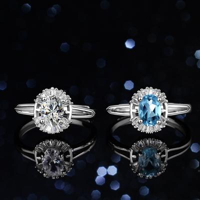 Natürlicher blauer Topas-Moissanit-Diamantring für Frauen, Sterlingsilber, 1 Karat Volldiamant, eiförmiger runder Beutel, speziell geformter Ring für Frauen