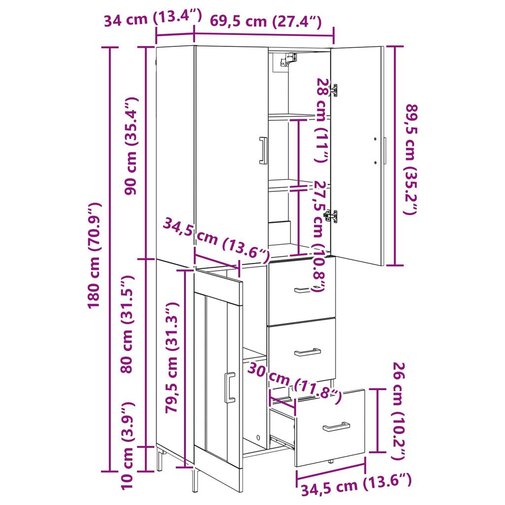 Highboard Black Oak Effect 69.5 x 34 x 180 cm Particleboard