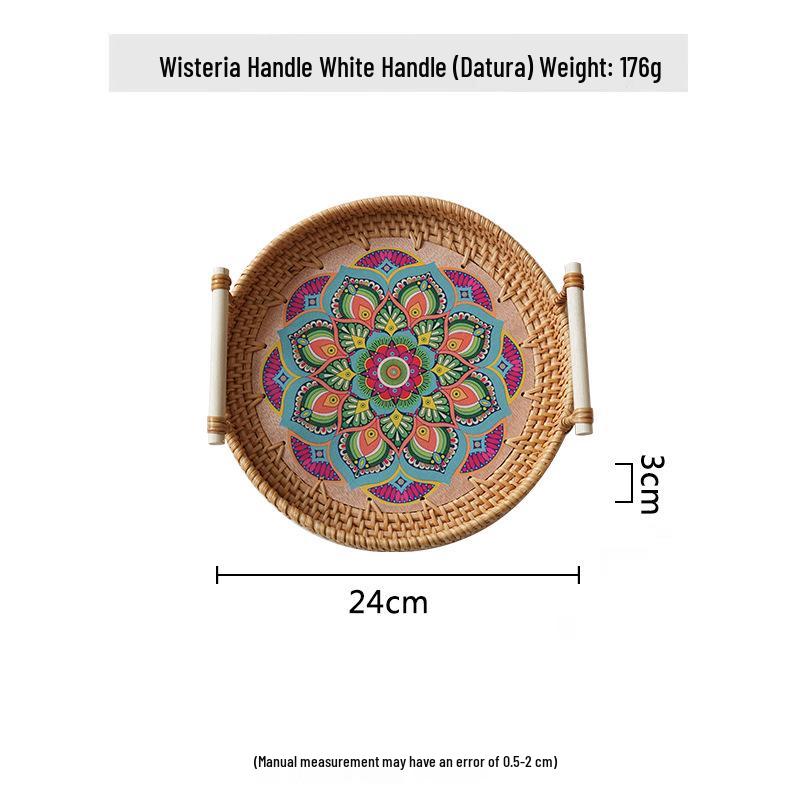 Nordische Handgefertigte Rattan Gewebte Florale Print Runde Griff Frühstückstablett