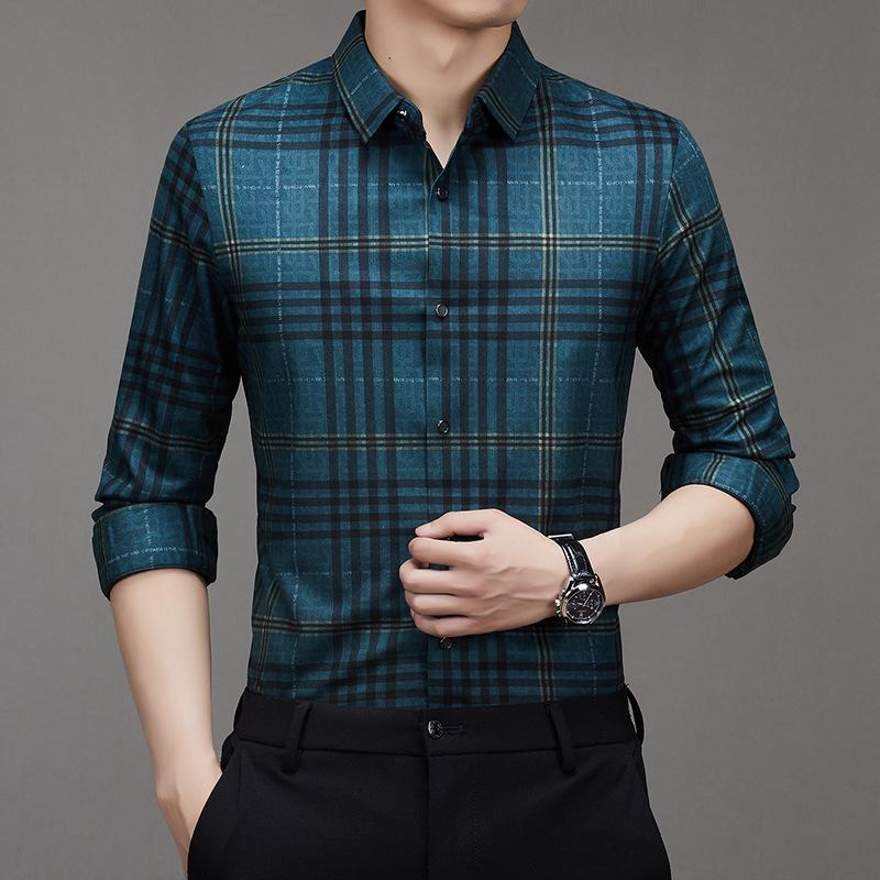 Pánská košile s dlouhým rukávem Volná Jarní a podzimní Nová pánská kostkovaná košile Nežehlivá Strečová košile