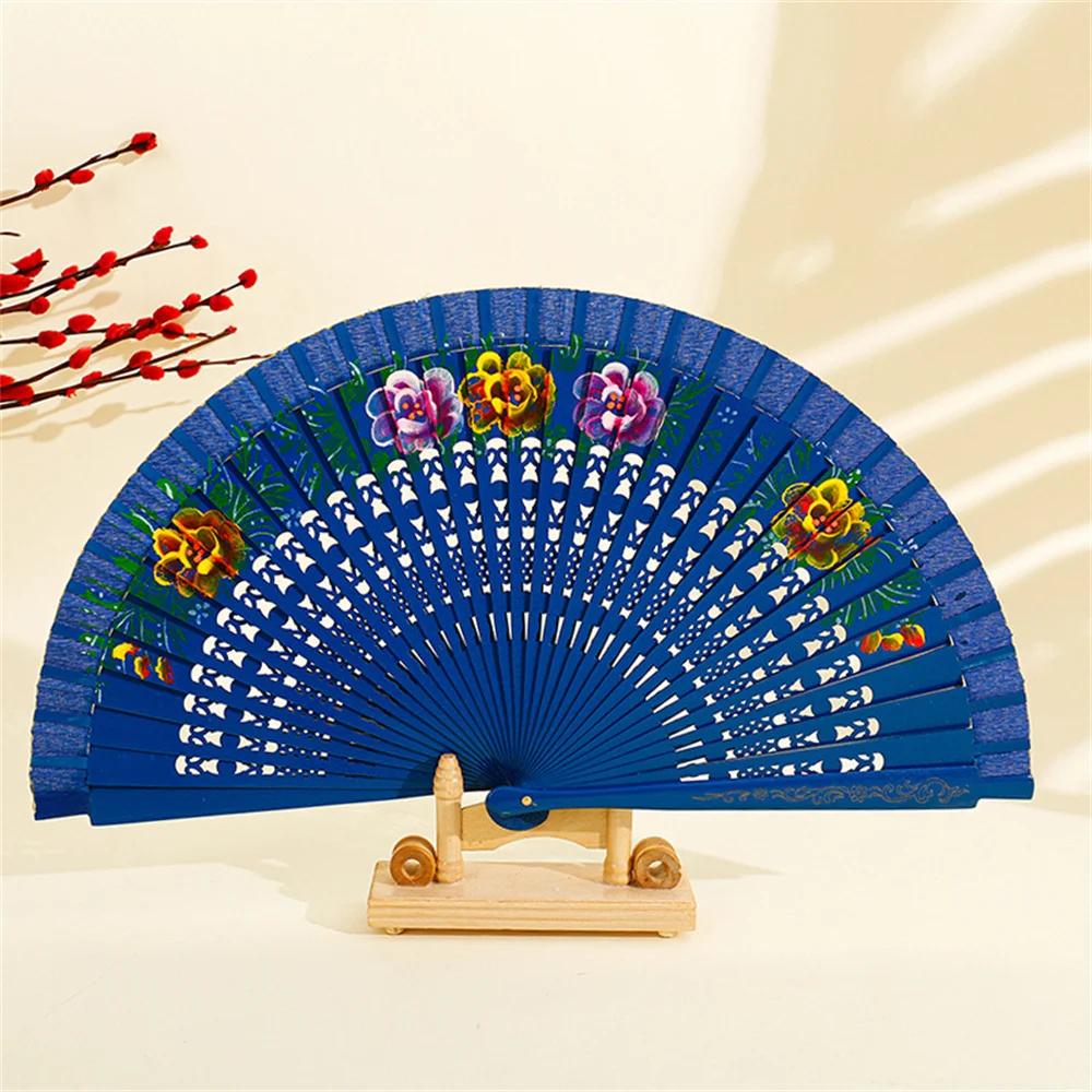 

Spanish Colorful Wood Fan Women Dance Handheld Fans Double Sided Flower Pattern Fan Party Wedding Supplies Craft Gifts темно-синього кольору