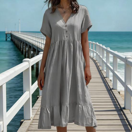 Women Summer Dress Button V Neck Short Sleeve Loose Fit Flowy Beach Sundress Ruffled A-line Swing Casual Midi Dress