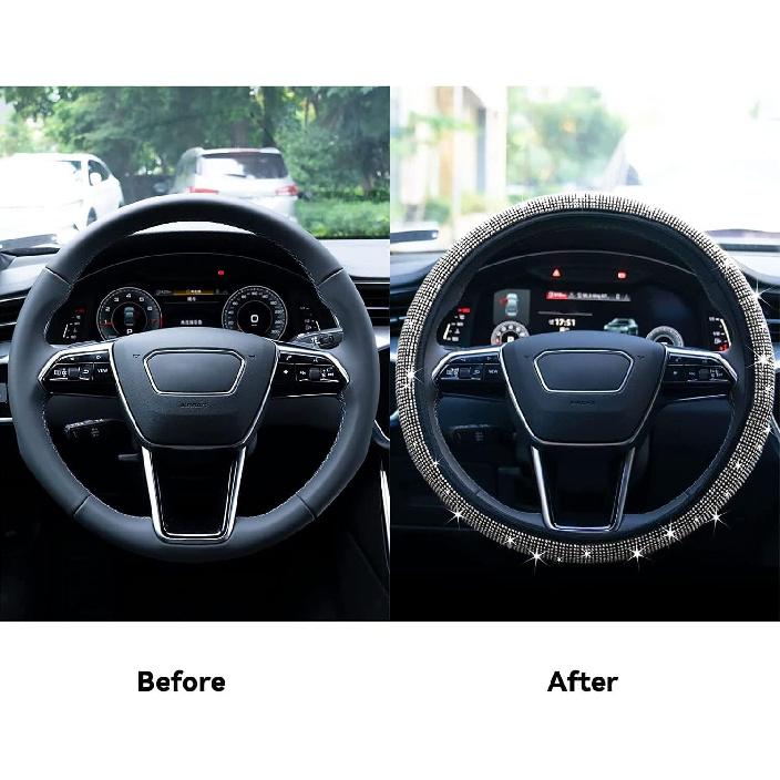 Bling Rhinestone Steering Wheel Cover With Crystal Diamond For Women, Sparkling Car Wheel Protector Universal Fit 14-15 Inches - White