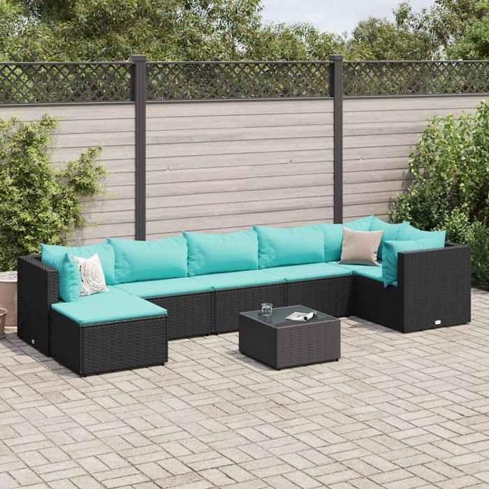 VidaXL Salon de jardin 8 pcs avec coussins noir résine tressée, ensemble de canapés d'extérieur, canapé d'angle de jardin 3308236