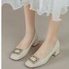 Soft leather shoes square heel small size large size single shoes women's summer and autumn square head grandma shoes middle heel temperament black 