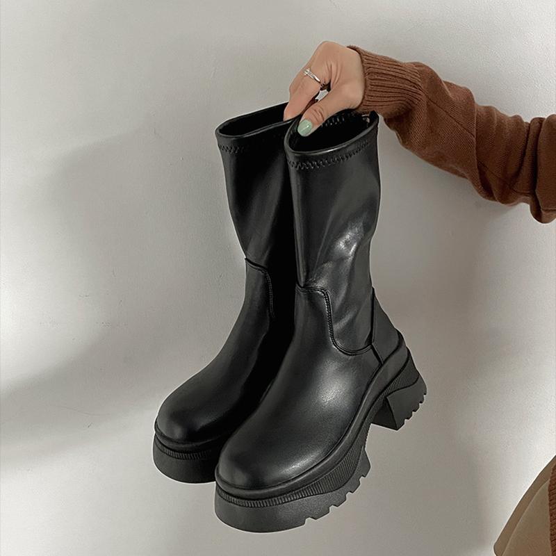 

Модные женские ботильоны на массивной платформе и каблуке, модные ботинки до середины икры на молнии сзади, осенне-зимняя обувь zapatos de mujer 39 чёрный