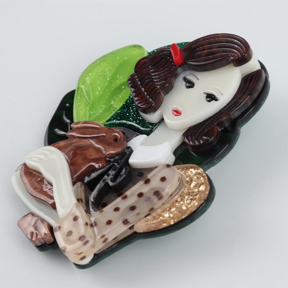 New Fashion Creative Fairy Girl Holding Rabbit Acrylic Brooches For Women Cartoon Cute Badge Brooch Pins Party Jewelry Gift