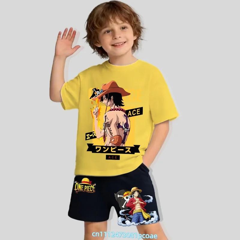 Children's Polyester Short-sleeved Shorts Set with "One Piece" Cartoon Print Boy's Sports Shirt for Summer T-shirt Set of 2 Pieces