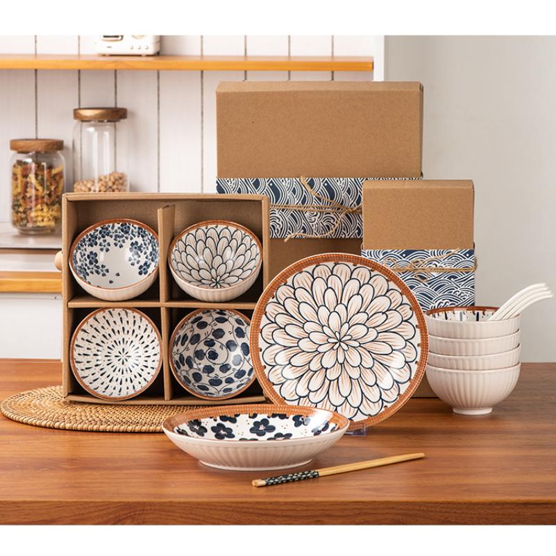 Japanese-style ceramic bowl and plate gift set with underglaze color ceramic tableware, gift set for opening events