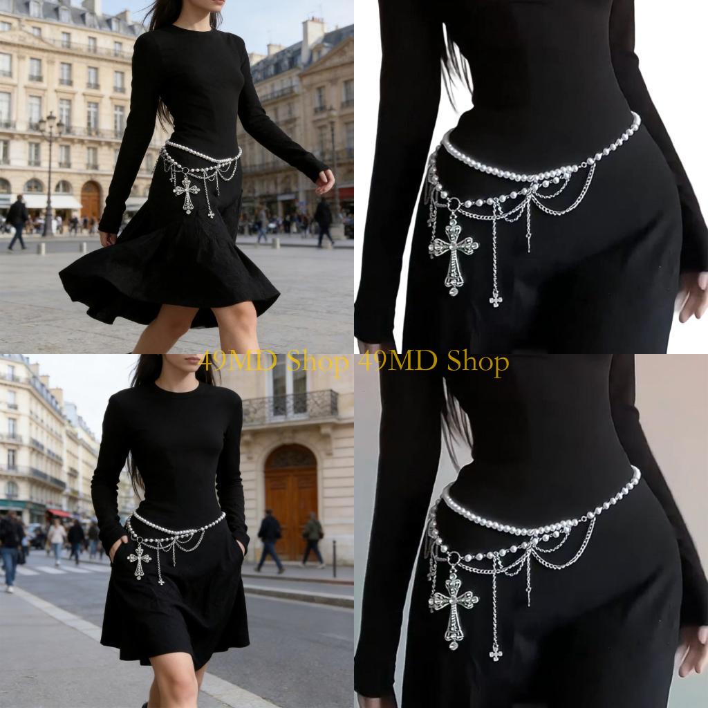 49MD Adjustable Gothic Waist Chain With Crosses Pendant For Punk Fashion And Festival Outfits CN