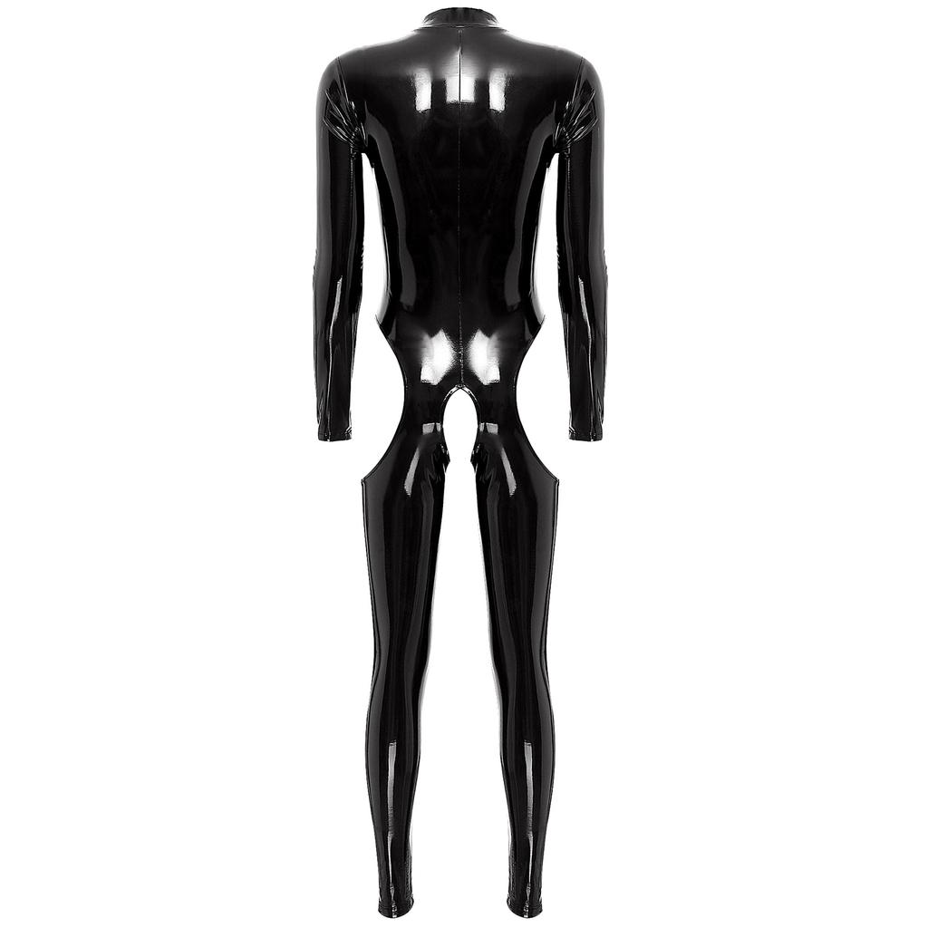 Womens Wet Look Catsuit Patent Leather Jumpsuit Long Sleeve Bodysuit Zipper Stand Collar Cutout Crotch Catsuit