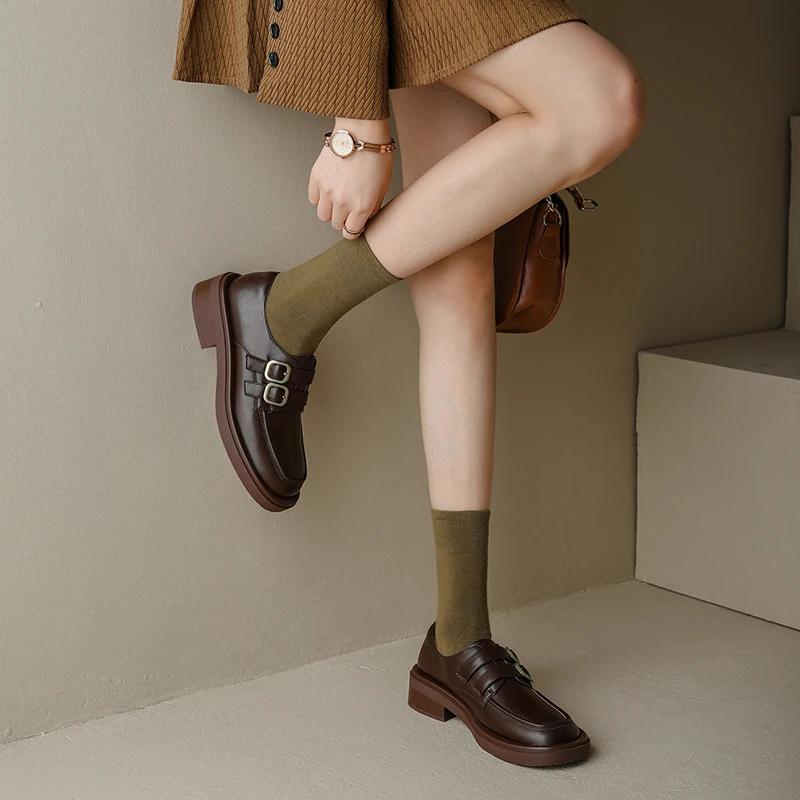 Fashion 2025 New Spring Split Leather Women Shoes Casual Slip-On Loafers Round Toe Chunky Heel Shoes Woman Zapatos De Mujer Buckle