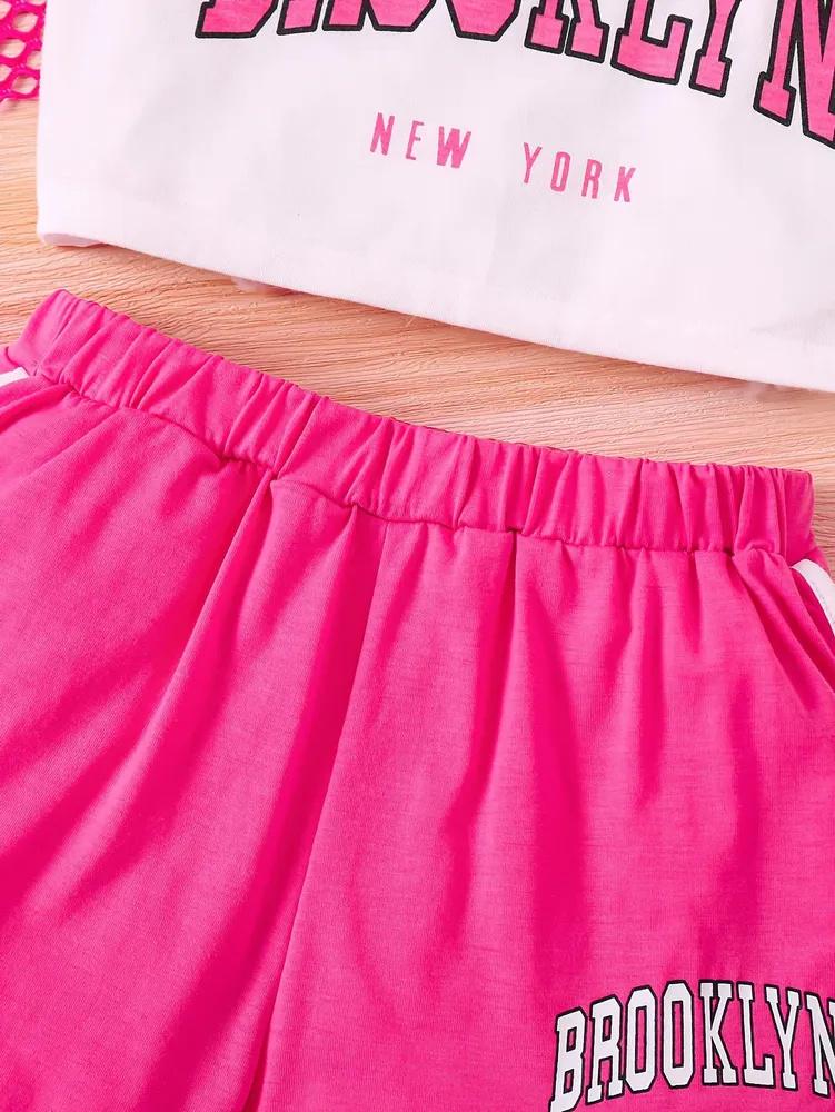 Modisches Dreiteiliges Set für Mädchen Netz-Kurzarmtop mit Buchstabenaufdruck, Camisole und Shorts Sommer-Outfit für Kinder Bequeme Passform