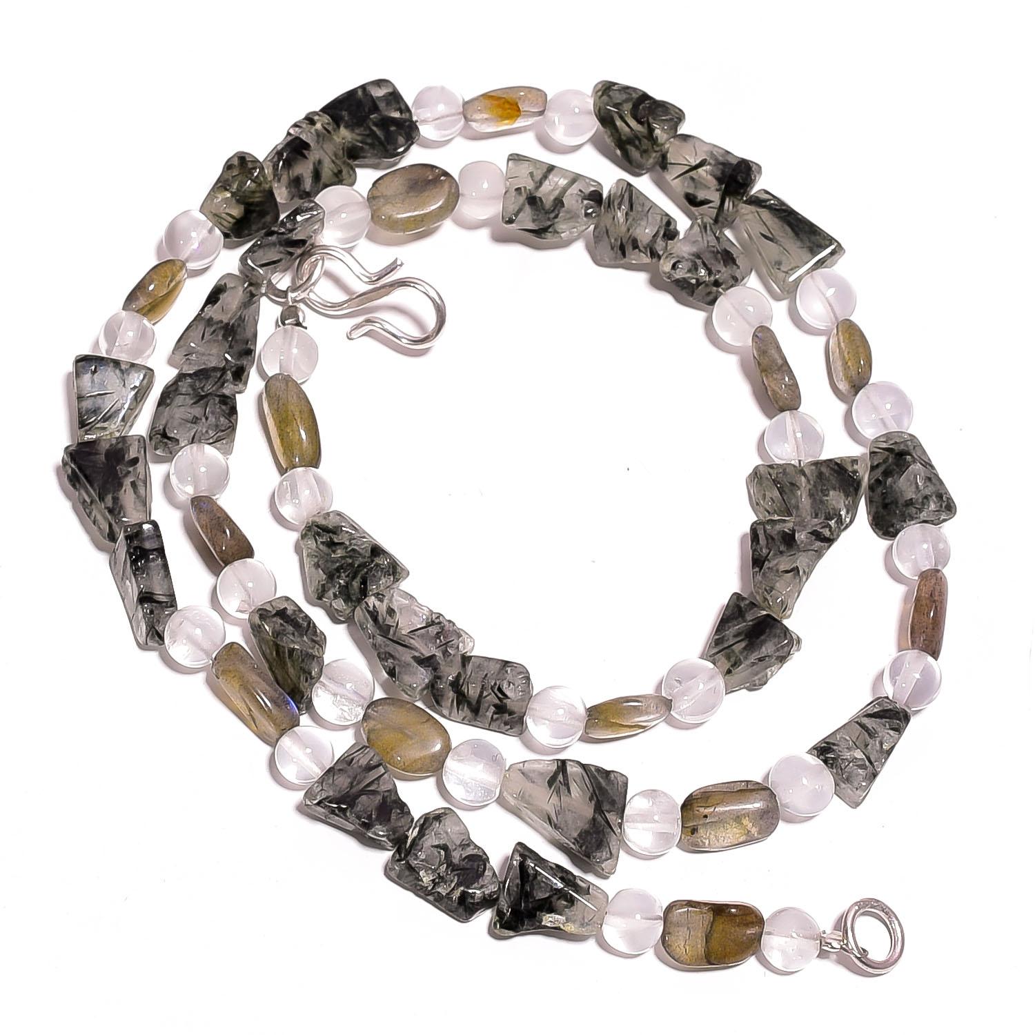 

Natural Rutile Quartz Labradorite Crystal Gemstone Beads Necklace 17 UB-2939 UB-2939