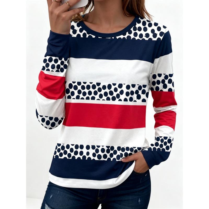 Women's Polka Dot Color Block Print Crew Neck T-Shirt, Casual Tops for Spring Summer Daily Streetwear