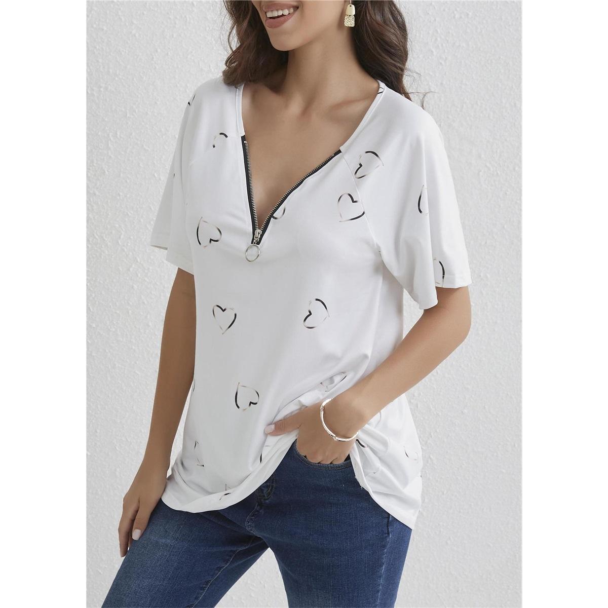 

Женская летняя футболка с короткими рукавами, застежкой-молнией, V-образным вырезом и принтом «любовь» XXL белый