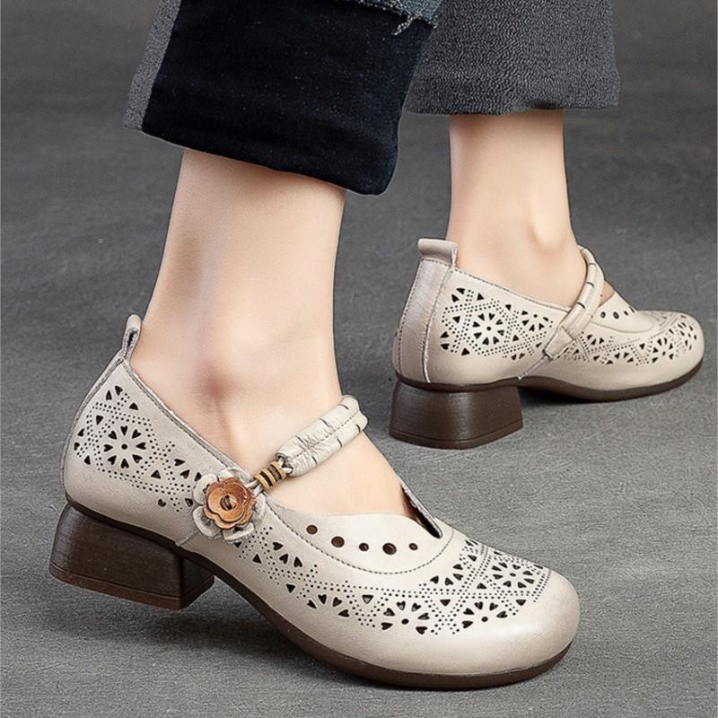 Hohle, atmungsaktive Damen-Sandalen, echtes Leder, Retro-Med-Heels, Pumps, bequeme Schuhe mit runder Zehenpartie