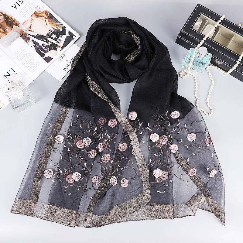 Silk and wool scarf for women, autumn and winter Suzhou embroidery cheongsam shawl, rose embroidery mulberry silk scarf for mothers чёрный