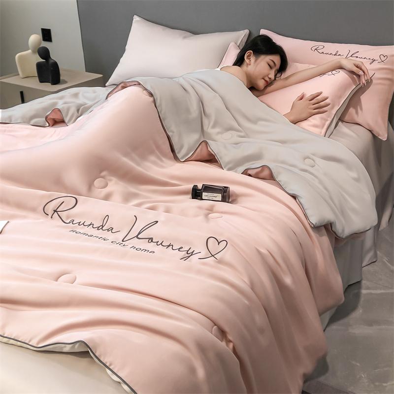 Soft Smooth Breathable Summer Quilt Simple Embroidered Summer Blanket Set Or 1 Pcs Machine Washable Lightweight Comforter Set