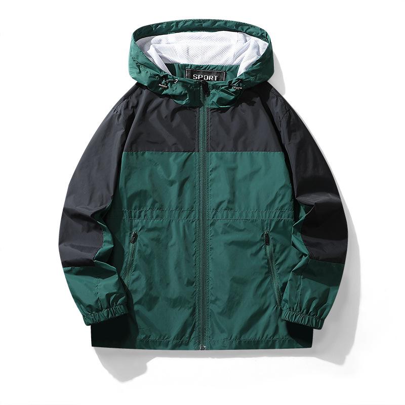 

Мужской весенне-осенний ветрозащитный плащ с капюшоном и цветными блоками: Повседневная, Свободная, Модная спортивная куртка. XL зелёный