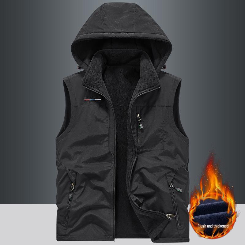 Gilet da uomo in pile Sherpa double-face con imbottitura in velluto, per esterni, con cappuccio staccabile