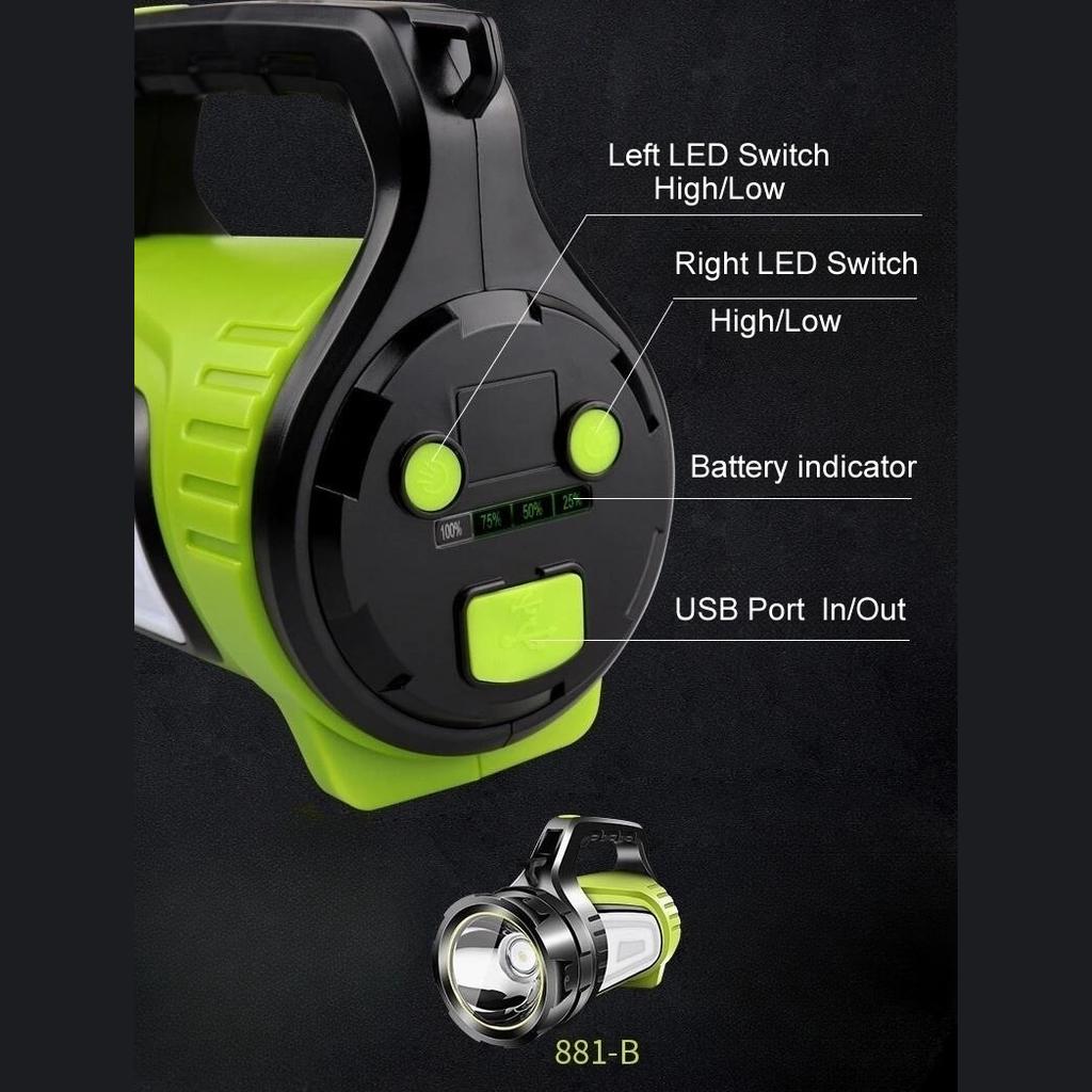 Super Bright LED Searchlight Handheld Portable LED Spotlight Torch USB Rechargeable Flashlight for Mining,Camping, Hiking, Fishing