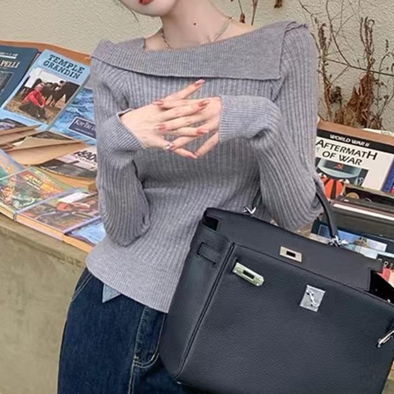 Mode Elegant Quadratischer Ausschnitt Gestrickter Pullover Damen Pullover Einwortschulter Herbst Winter Langarm Oberteile Einfarbig Lässiges Lockeres Hemd Kleidung