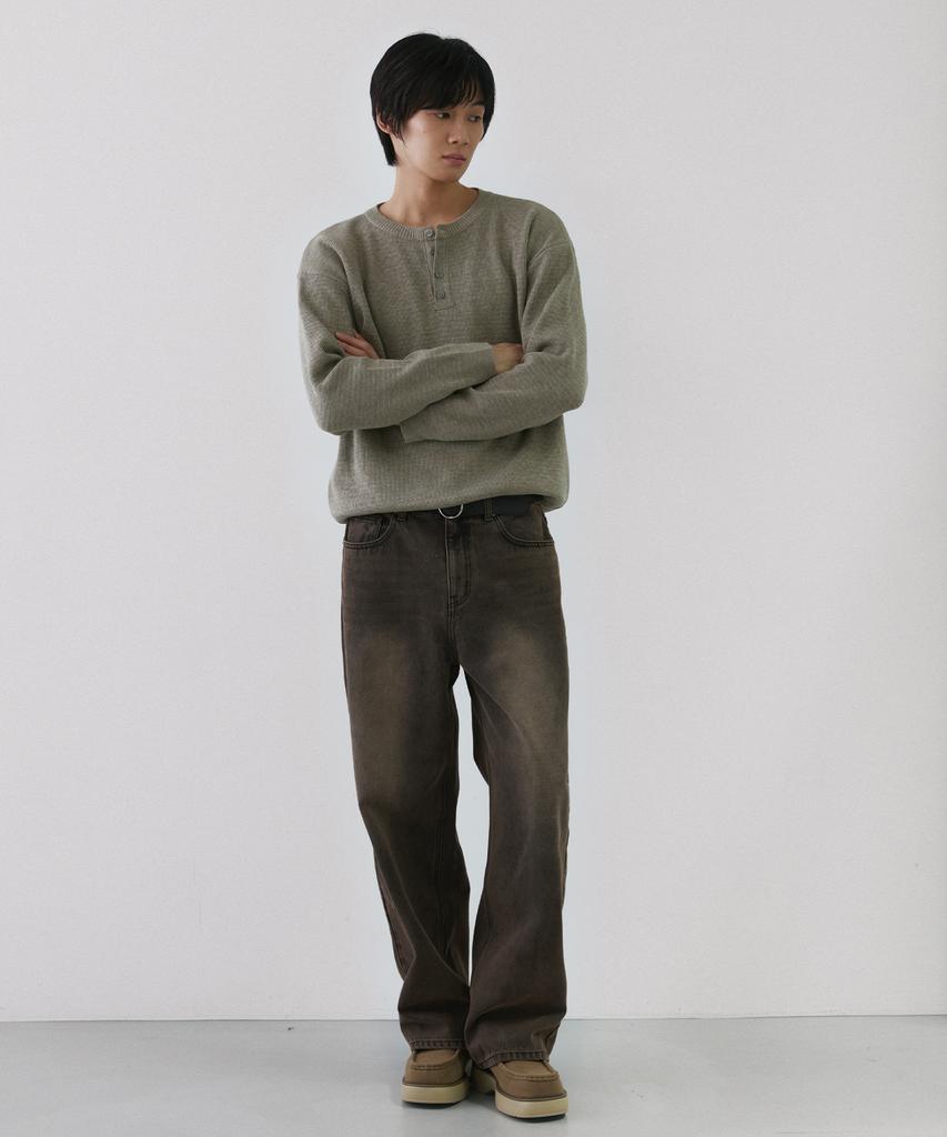 NODU Drain Henley Neck Knit [Beige]