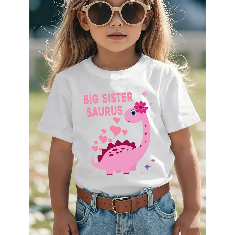European sizes Summer Fashion Girls Short Sleeve T-Shirt BIG SISTER SAURUS Pink Dinosaur with Flowers and Heart Letter Cartoon Print Casual Top 110 белый