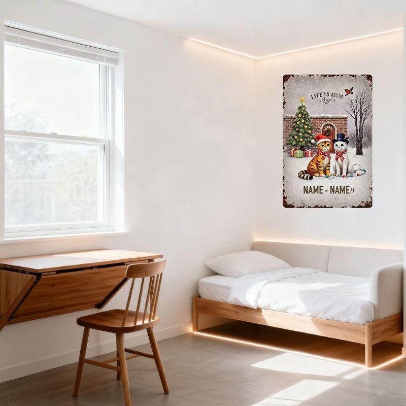 Vintage Christmas Cat Life is Better with a Cat Tin Sign Snowy Scene Brick Building Xmas Tree Cats Personalized Name Metal Wall