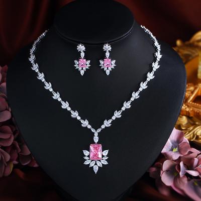 Conjunto de Colar e Brincos Rosa Zircônia Princesa Diamante Brilhante Conjunto de Duas Peças Joias para Jantar Noiva Casamento Feminino