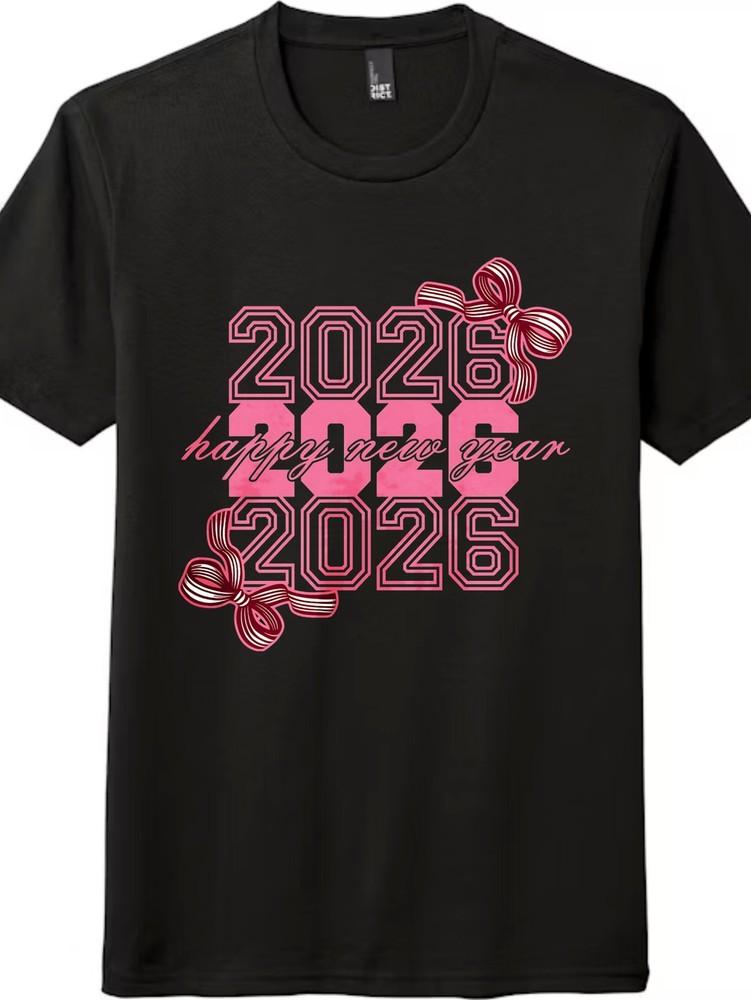 

2026 Happy New Year Graphic T-Shirt,Unisex Casual Tee with Pink Bows Holiday Top S