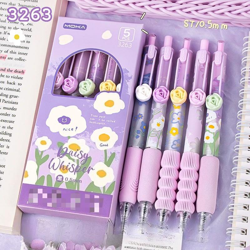 National Style Flower Series Soft-hold Black Pen Press Gel Pen Set, Quick-drying, Stress-relieving, High Appearance Level Practice Pen, Exam Pen