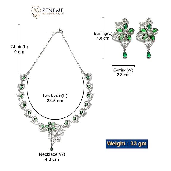 Rhodium-Plated American Diamond Studded Floral & Paisley Shaped Necklace With Earrings Jewellery Set For Girls and Women