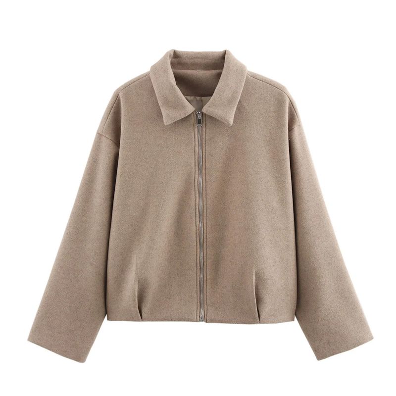 Spring New Women's Clothing Korean Style Loose Casual Minimalist Polo Collar Long Sleeves Soft Woolen Zipper Jacket Outwear