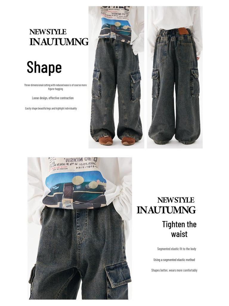 2025 Autumn Kids' Retro Pocket Patchwork Wide-Leg Jeans