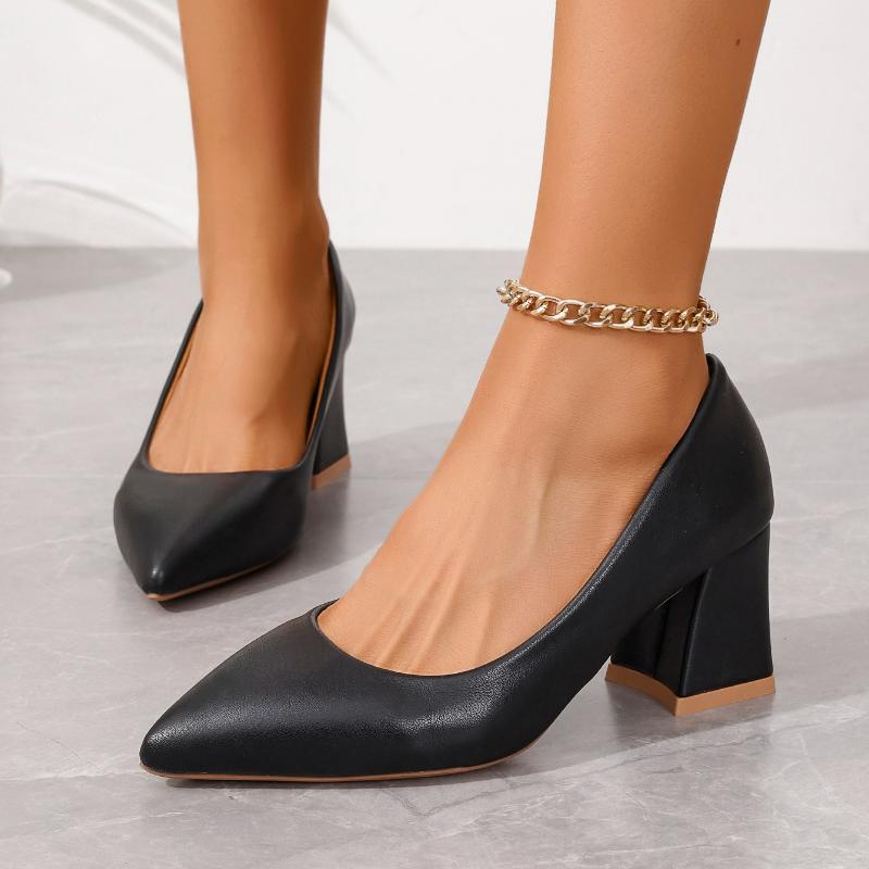 Fashion Fashion Office Formal Dress Shoes Plus Size Elegant Pointed Toe Solid Black Pu Pumps Women 2025 White Square Medium Heel Pumps