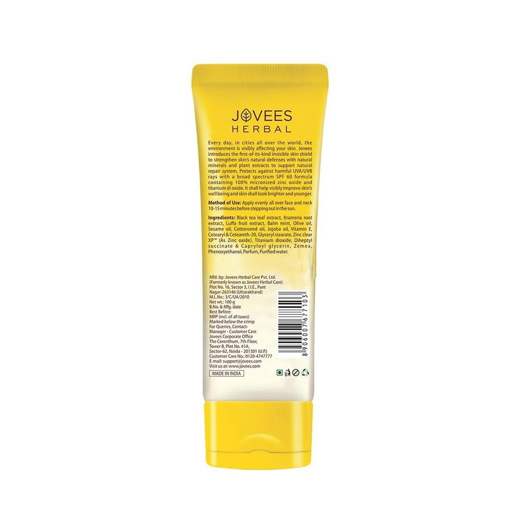 Jovees Sun Zinc Shield SPF 60 PA+++ Sunscreen | Matte Oil Free UVA UVB Blue Light Protection | Broad Spectrum For All Skin Types 100g